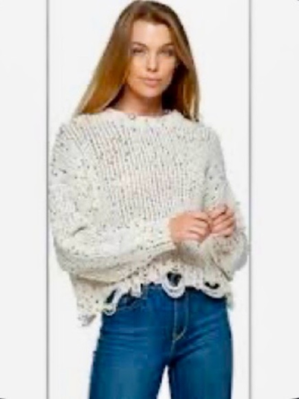 Distressed multi-color confetti popcorn accents cream sweater boxy cropped